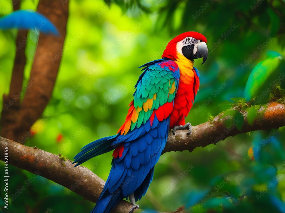 a closeup of an eye-catching parrot perched on a tree in a forest
