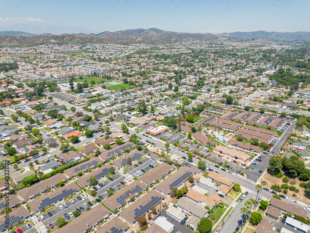Yorba Linda, California - June 17, 2023: aerial drone photo view toward Yorba Linda houses, homes, including Mabel M Paine Elementary School
