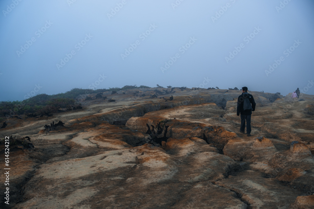 Volcano Kawah Ijen, volcanic craters with crater lake and steaming vents, morning light, Banyuwangi, Sempol, Eastern Java, Indonesia, Asia