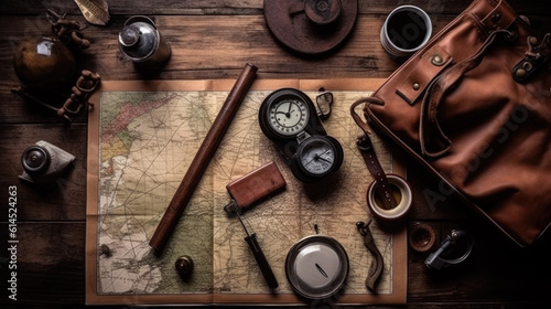 topshot of an old map with different travel items, background wallpaper. Generative AI
