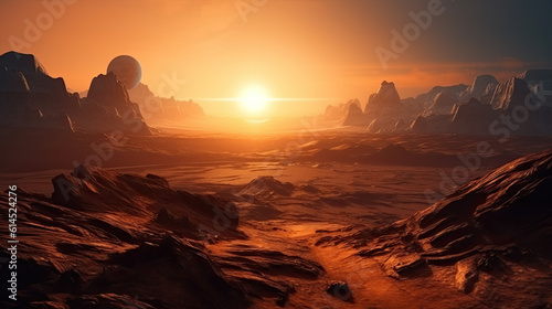 sunrise on a desert planet like mars. science concept. Generative AI