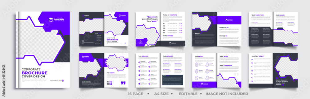 16 Page brochure layout design, multipage minimal business brochure template design, annual report, corporate company profile template.