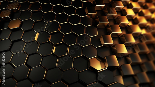 Luxury hexagonal abstract black metal background. 3d geometric texture illustration. Black horizontal banner wallpaper