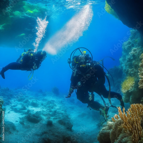 Scuba divers in a reef, looking for cliffs.