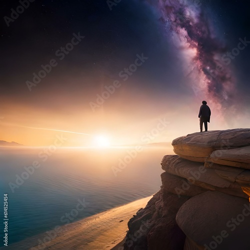 silhouette of a person standing on a rock in a galaxy 