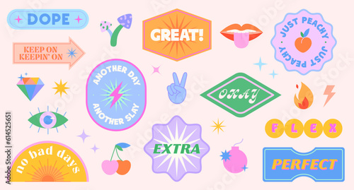 Print op canvas Vector set of cute funny patches and stickers in 90s style