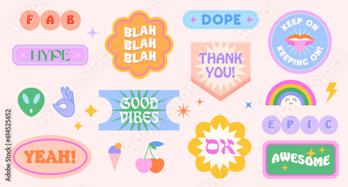Vector set of cute funny patches and stickers in 90s style.Modern icons or symbols in y2k aesthetic with text.Trendy kidcore designs for banners,social media marketing,branding,packaging,covers © Xenia Artwork 