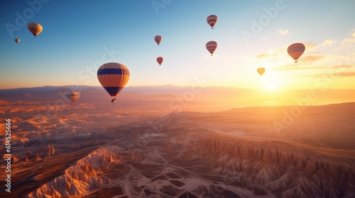 hot air balloon flying over country with mountains rivers and forests, beautiful landscape at sunset with blue sky. Generative AI