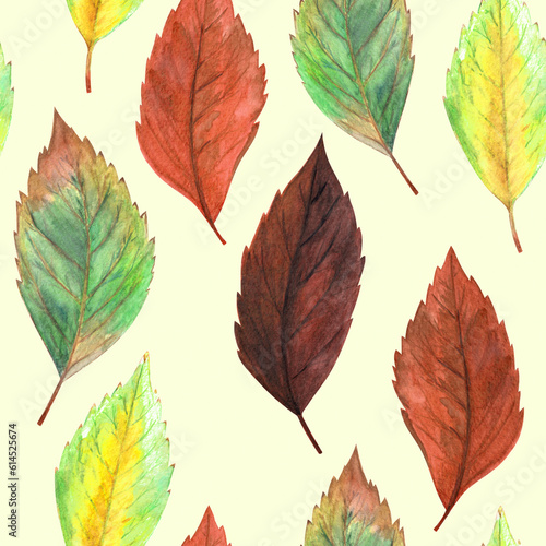 Watercolor hand painted vertical rows of red, orange, burgundy, vinous, yellow, green multicolored autumn season leaves seamless pattern as fall background. Aquarelle design element for print.