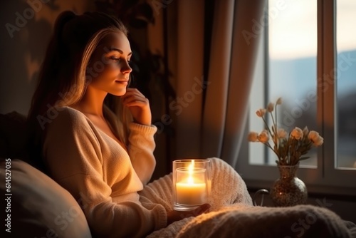 millennial woman sit in cozy chair burning aroma candles, AI Generative