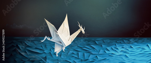 illustrazione generative ai con grande drago di carta in stile origami che vola su mare blu e cielo notturno di luce cupa ediffusa  photo