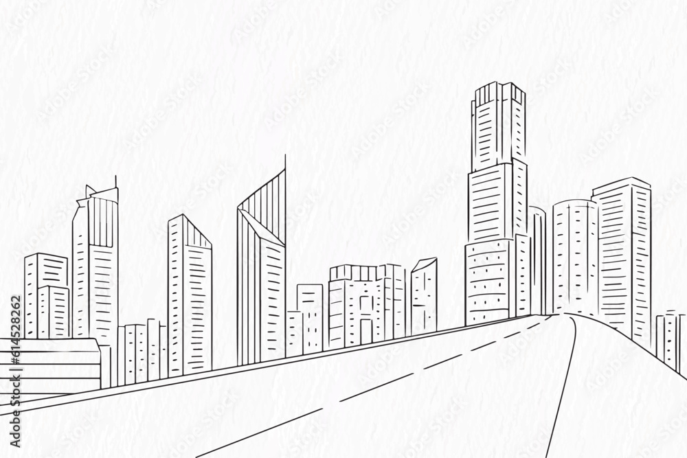 Line drawing of modern city skyline background With roads and buildings 