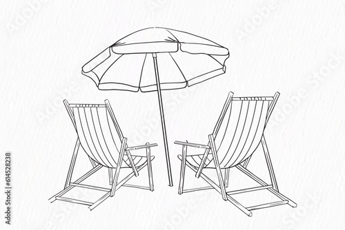 One line drawing of Beach umbrella and chair with summer vibe 