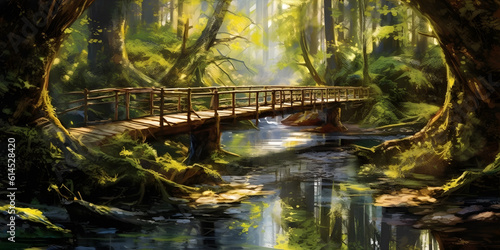 Crossing a Rustic Bridge  A narrow wooden bridge stretches across a crystal-clear river  nestled within a vibrant forest.