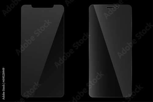 Set of protective glass for phone. Realistic reflection. Glass on black background. Vector illustration.