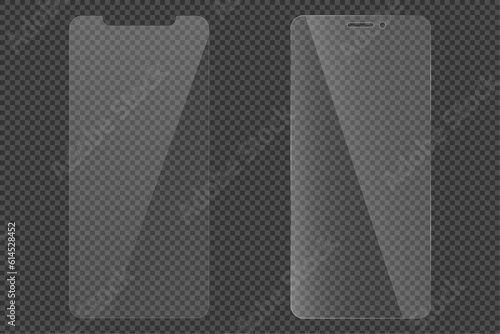 Set of protective glass for phone. Realistic reflection. Glass on transparent background. Vector illustration.
