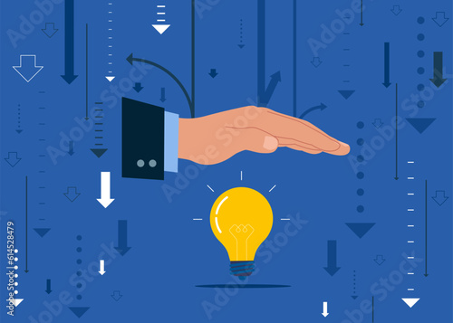 Idea light bulb under hand as shield. Idea  protection. Flat modern vector illustration
