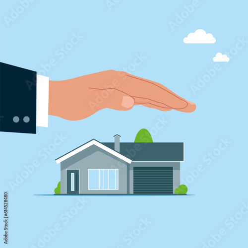 New house under strong hand insurance agent protection shield. House insurance, accident protection, safety or assurance service. Flat vector illustration 