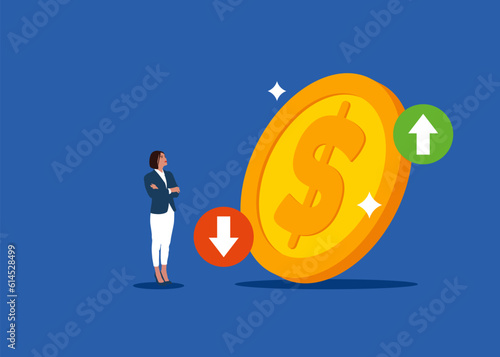 Cost of dollar with arrow down and up. Coin of dollar with loss or growth. Vector illustration