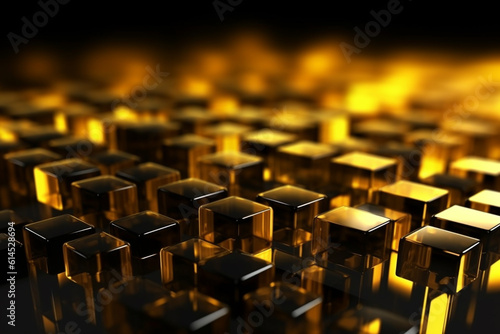 Gold and yellow geometric shapes, cubes.Transparent Cubes Background, yellow gold Glass Cube Pattern, Geometric 3d Crystals, Abstract