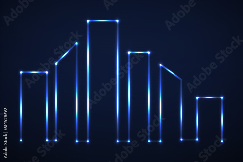 Vector silhouette of city buildings, glowing outline silhouette, outline cityscape design