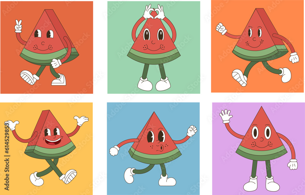 Set of watermelon groovy . Cute watermelon cartoon characters in retro style, hippie style summer mascots. Vintage vector set