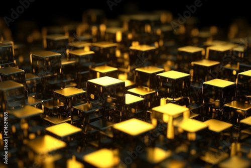 Gold and yellow geometric shapes, cubes.Transparent Cubes Background, yellow gold Glass Cube Pattern, Geometric 3d Crystals, Abstract
