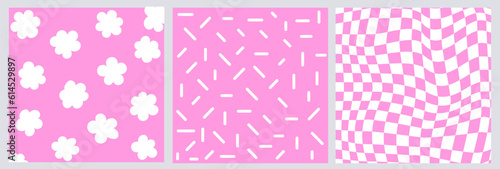 Cute pink cartoon flower, cell and and vase seamless pattern set. Organic flower daisy and other elements in trendy playful cartoon style. Vector checkerboard and abstract background.