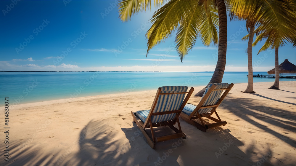 lounge chairs on the beach. sunbath by a tropical sun under the palm trees and umbrellas