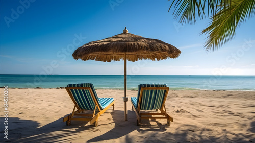 lounge chairs on the beach. sunbath by a tropical sun under the palm trees and umbrellas