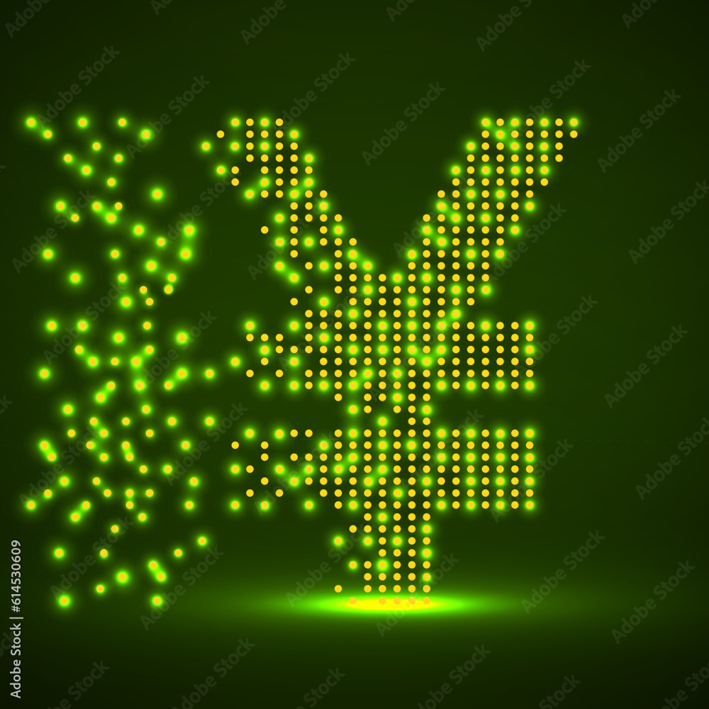 Chinese yuan of dots with an explosion, halftone style. Vector illustration