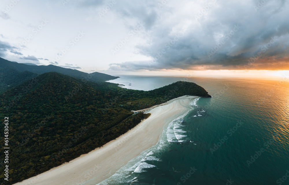 An aerial view of Myall Beach at Cape Tribulation in daintree national park in Tropical North Queensland, Australia