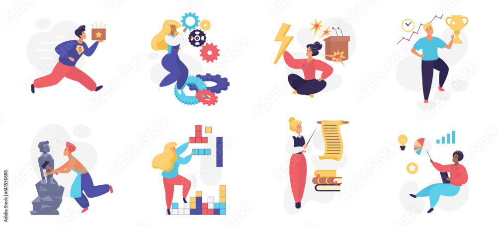 MBTI person types set vector illustration. Cartoon people with different mindset and human behavior, intuitive and logical thoughts, individuality, organized structure and personality of thinking