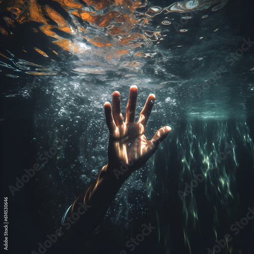 Handing reaching up from underwater signifying someone who needs help, drowning in debt, asking for help, assistance, emergency, swimming, water. Generative AI.