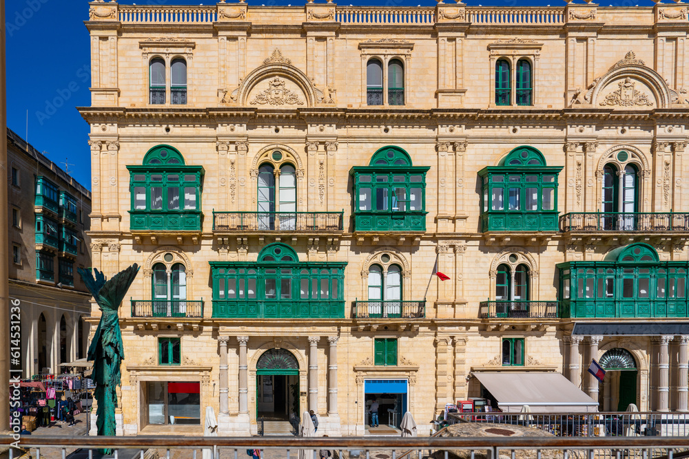 Island of Malta, typical architecture with green balconies in the city  of Valletta. 