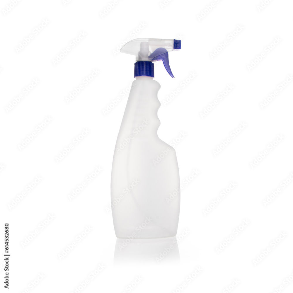 Empty, white plastic trigger spray bottle mockup for cleaning products on white backgraund. Empty, white plastic trigger spray bottle mockup for cleaning products on white backgraund.