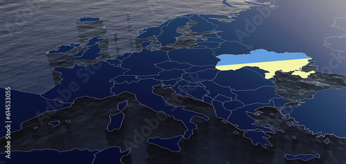 Foto 3D Rendered Map of Europe with highlighted Ukraine in blue and yellow flag color