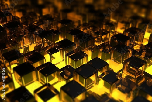 Gold and yellow geometric shapes, cubes.Transparent Cubes Background, yellow gold Glass Cube Pattern, Geometric 3d Crystals, Abstract