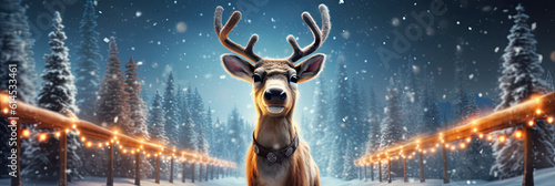 Kid’s Christmas banner with magical scene of reindeer in show with Christmas lights and stars with copy space created with Generative AI technology