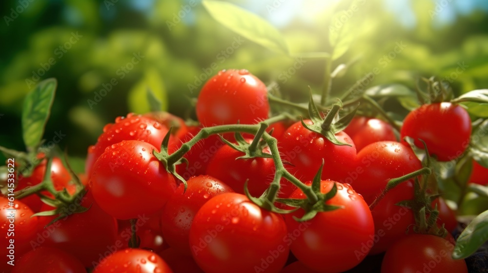 Little red cherry tomatoes nature background.