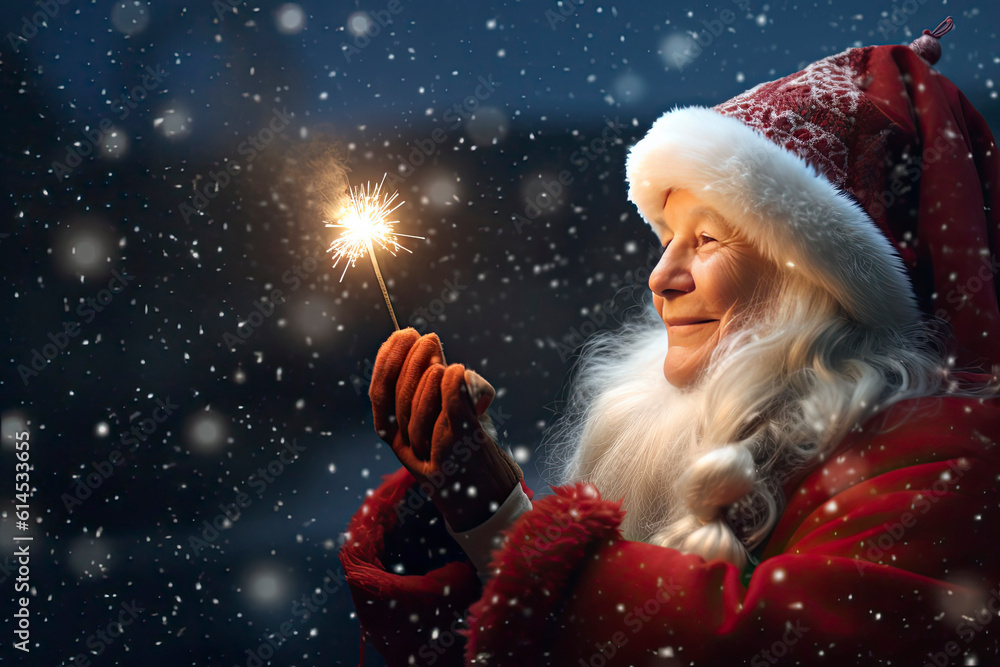 Mrs Claus holding a Christmas magic spark in her hands smiling with snow flurries all around her with copy space created with Generative AI technology Mrs Claus holding a Christmas magic spark in her hands smiling with snow flurries all around her with copy space created with Generative AI technology