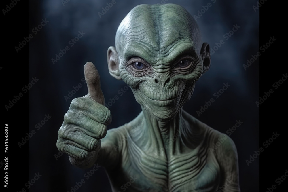 Alien humanoid portrait on dark background. Extraterrestrial humanoid shows thumb up gesture. Friendly alien. Created with Generative AI