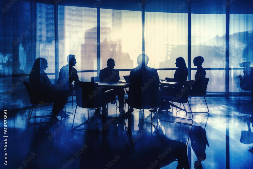 Silhouettes of business people meeting in conference hall. Businessmen teamwork planning strategy in office. Created with Generative AI Silhouettes of business people meeting in conference hall. Businessmen teamwork planning strategy in office. Created with Generative AI