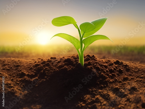 the development of a young green plant on the ground,Developing plant, Young plant with ground backdrop and dawn light,generative ai