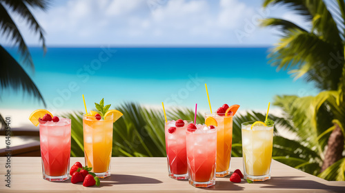 Cocktails on a tropical beach with palm trees and turquoise water. Summer vacation concept. Teasty cocktail. Beautyful background. Generative AI technology.