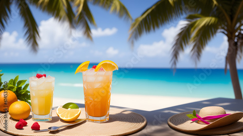 Cocktails on a tropical beach with palm trees and turquoise water. Summer vacation concept. Teasty cocktail. Beautyful background. Generative AI technology. © vachom