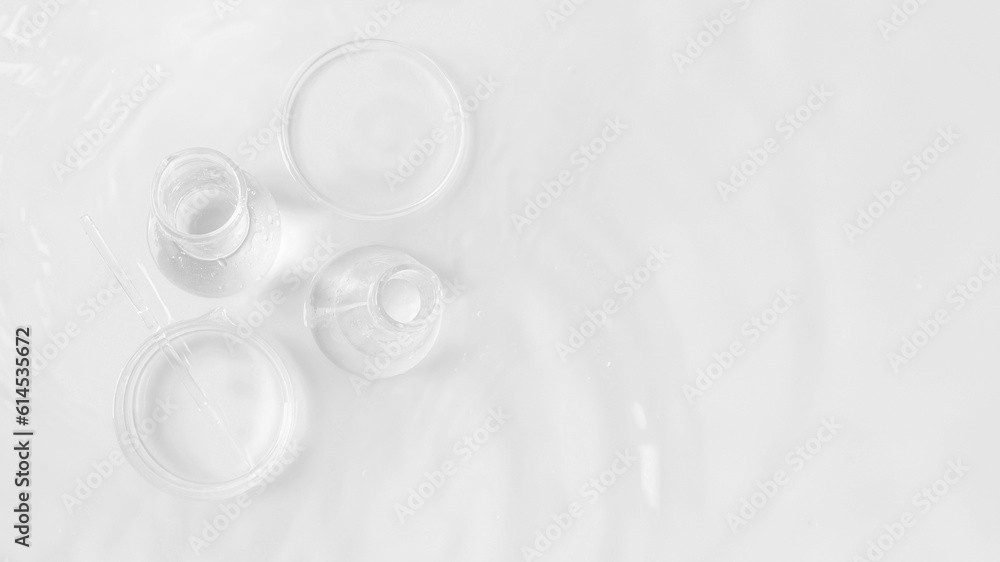 laboratory utensils in water. top view. Petri dishes, flasks, test tubes