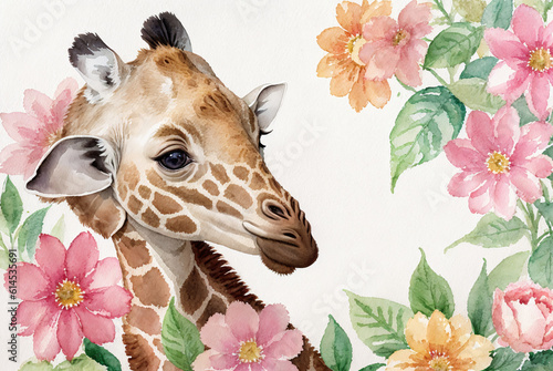 illustration of a watercolor cute baby giraffe with flowers on white background