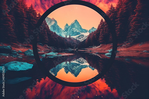 colorful psychedelic landscape with sunset mountains and trees photo