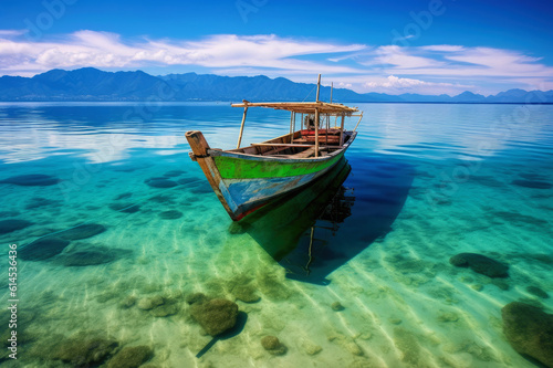 Small wooden boat on a tropical paradise beach in Indonesia. Generative AI